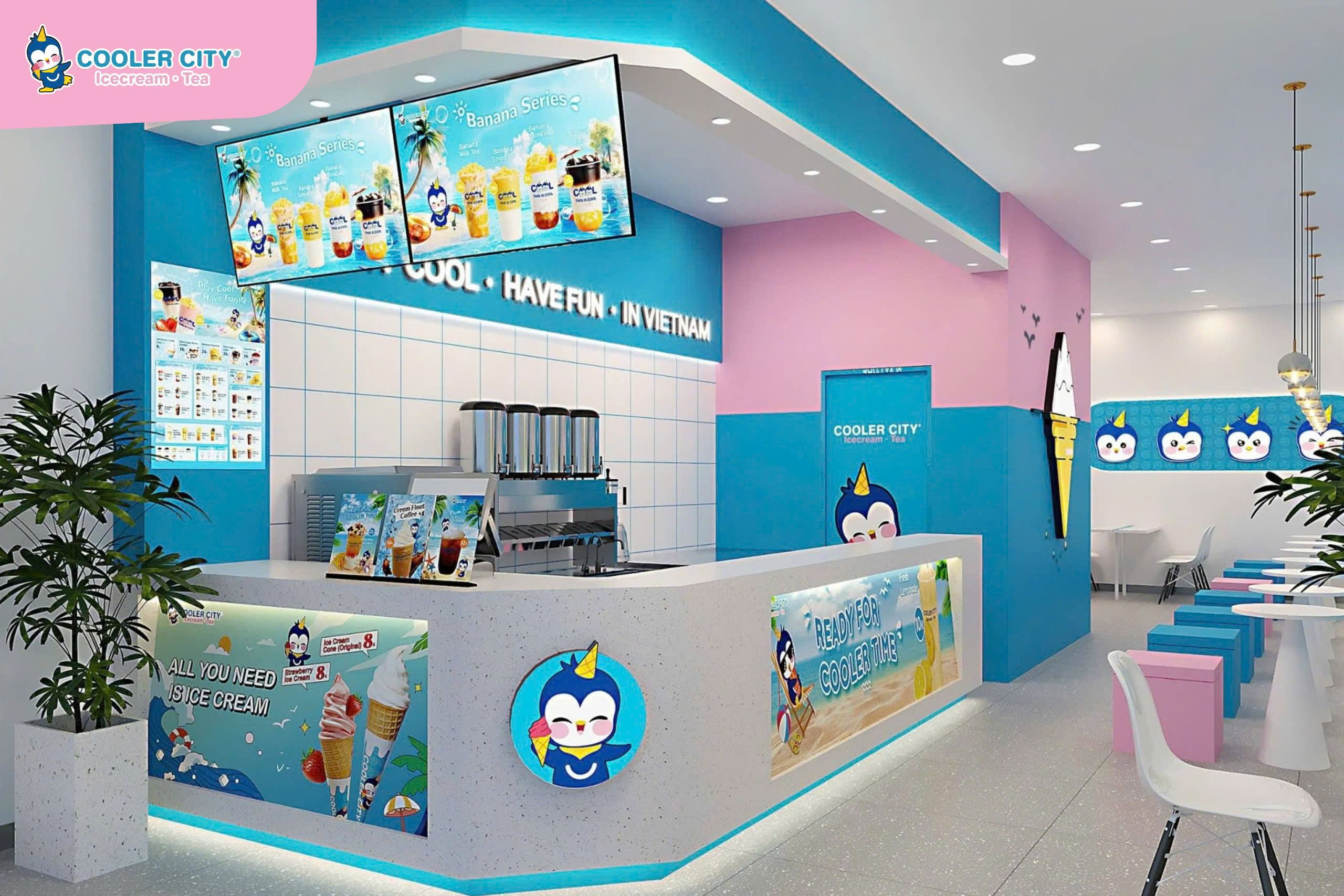 Không gian quán mang màu xanh mát, mọi góc đều chill hết nấc